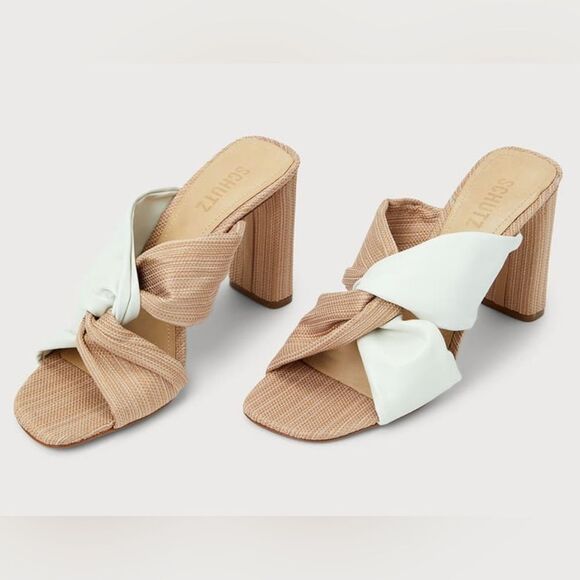 Schutz Wendy Pearl and Beige Leather Color Block High Heel Sandals, Size 9 - Picture 1 of 8